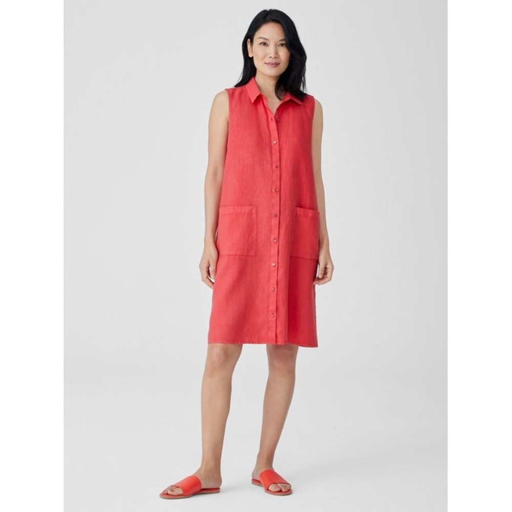Eileen Fisher Garment-Dyed‎ Organic Linen Classic Collar Dress Coral Pink Medium